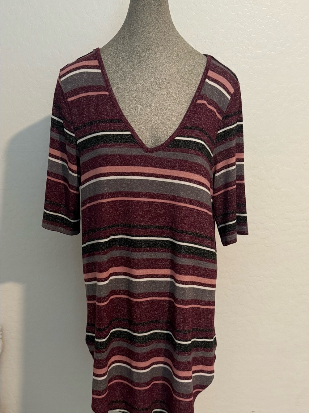 torrid Striped V-Neck Top in Burgundy, Pink, Gray, Black, Cream